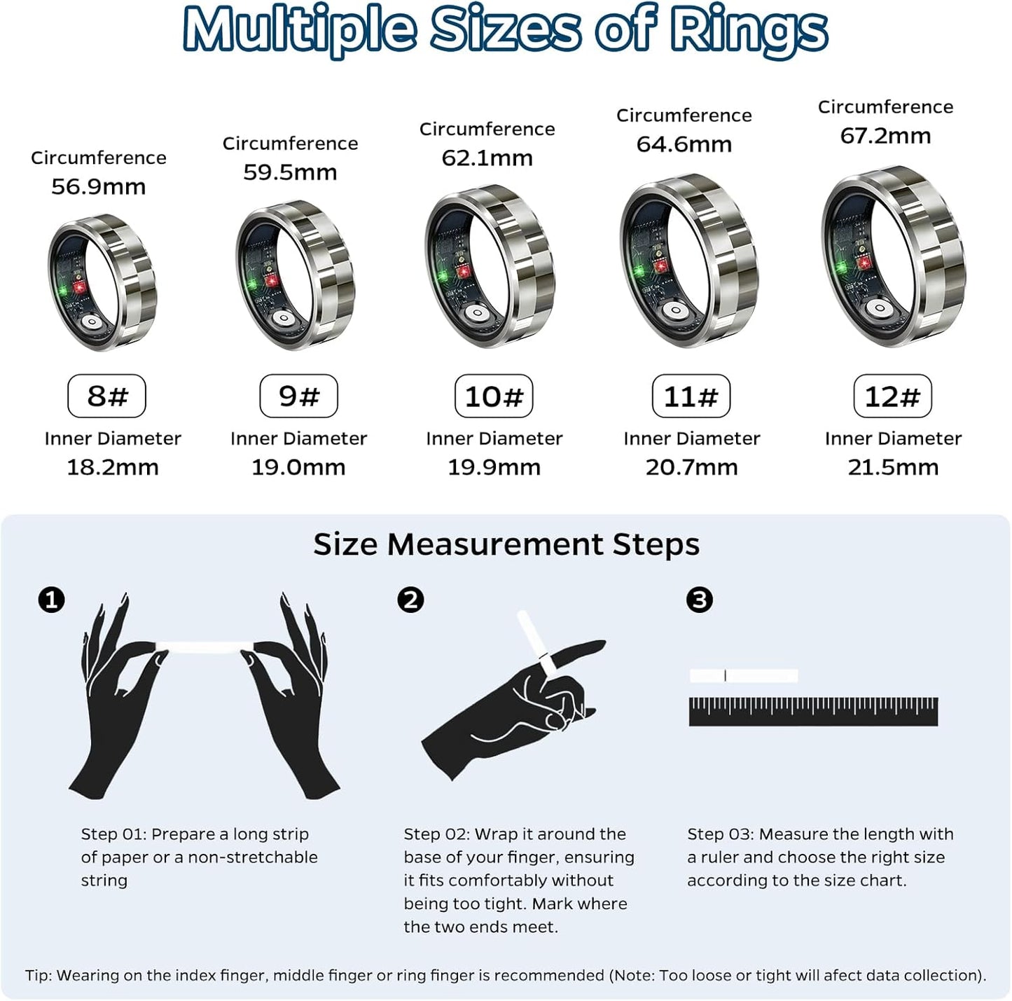 Smart Ring Health Tracker, Sleep Tracker Ring with Heart Rate,Waterproof Fitness Ring for Activity Monitoring/Steps/Distance/Calories,Air Gestures,Up to 7Day Battery,For Ios Android(Stylish Silver#12)