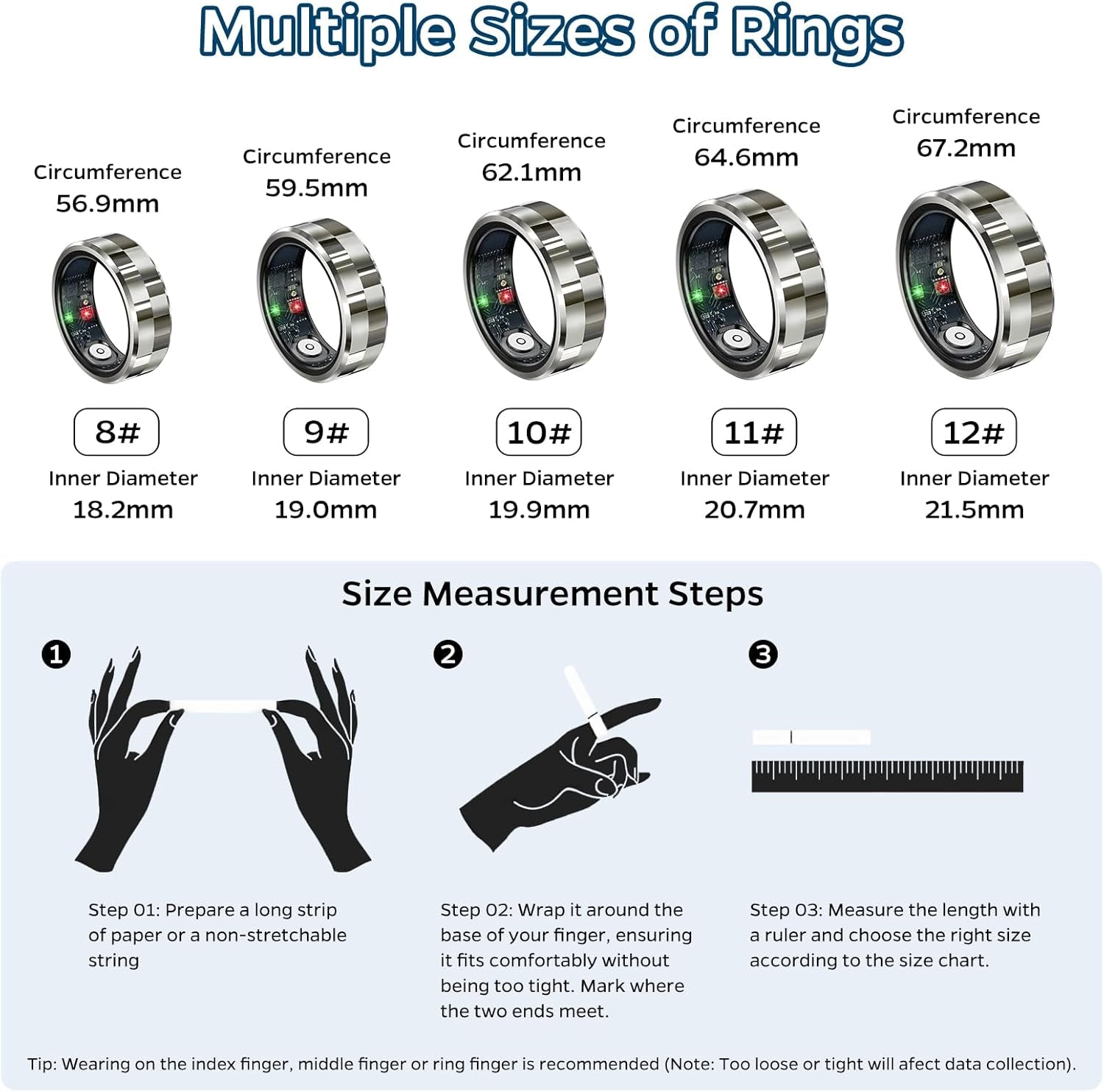 Smart Ring Health Tracker, Sleep Tracker Ring with Heart Rate,Waterproof Fitness Ring for Activity Monitoring/Steps/Distance/Calories,Air Gestures,Up to 7Day Battery,For Ios Android(Stylish Silver#12)